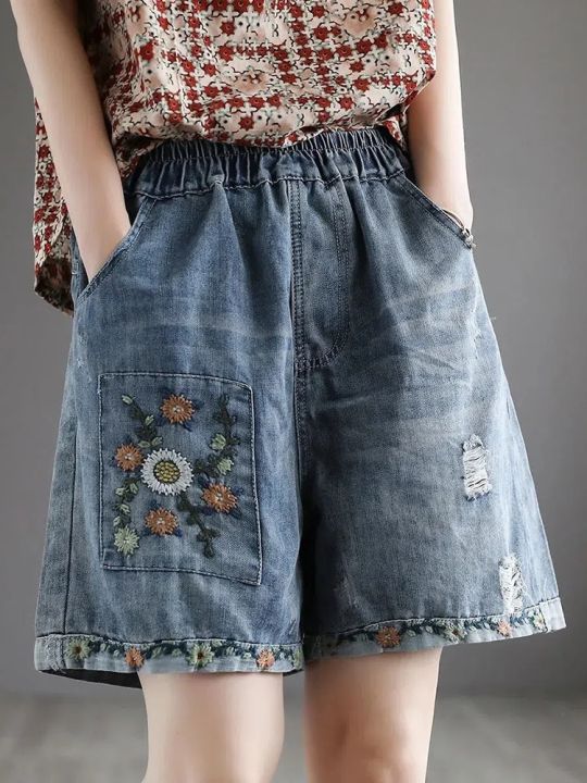 summer-vintage-high-waist-embroidery-denim-shorts-s-3xl-hole-loose-women-pants-fashion-elastic-waist-streetwear-wide-leg-pants