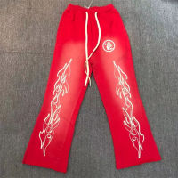 ผ้าหนักสีแดง Hellstar ระฆังกางเกง Sweatpant กางเกงผู้ชายผู้หญิงที่มีคุณภาพสูงวินเทจล้างโคลนเปลวไฟพิมพ์กางเกง Sportpant