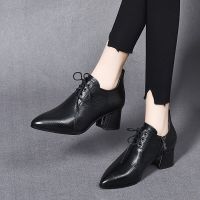 Leather shoes in 2023 the spring and autumn period and the new system with single shoes with high heels in women thick with deep mouth pointed leather shoes