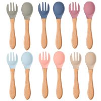 2pcs Baby Soft Silicone Spoon Fork Utensils Safety Baby Learning Wood Non-Slip Spoon Children Kids Boy Girl Food Feeding Tool Bowl Fork Spoon Sets