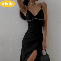 Wintin European and American Spring Womens Clothes New Sexy V-neck Strap Backless Beaded Slit Dress