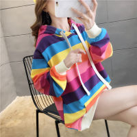 Rainbow Striped Oversized Hoodies Womens Loose Long Sleeve Clothes Female Plus Velvet Hooded Tops Thick Casual Long Sweatshirts