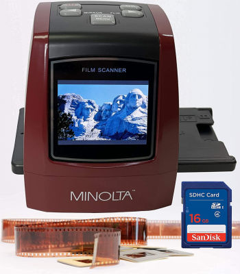 MINOLTA Film &amp; Slide Scanner, Convert Color &amp; B&amp;W 35mm, 126, 110 Negative &amp; Slides, Super 8 Films to 22MP JPEG Digital Photos, 16GB SD Card, Worldwide (Red)