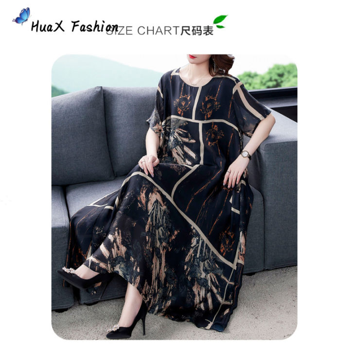 huax-เสื้อผ้ากุลสตรีหลวมผ้าไหม-lady-เกาหลีรอบคอกลางความยาวพิมพ์-casual-สั้นแขนเสื้อชุด