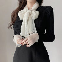 French Style Ladies Knitted Tops Mujer 2021 New Autumn Bowknot Silk Scarf Sweaters Women Strip Stitch Cuff Knit Pullovers