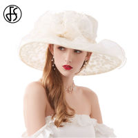 FS 2021 Elegant Fascinator Hats For Women Wide Brim Organza Floral Wedding Fedora Summer Vacation Sun Hat Beige Khaki Church Cap