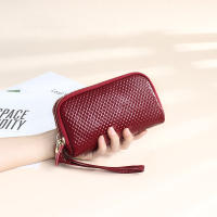 New Genuine Leather Clutch Bags Women Double Layer Zipper Long Wallets Woven Pattern Coin Purse For Cell Phone Cosmetics Cards