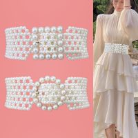 Womens Runway Pearl Knitted Stretch Cummerbunds Female Waist Big Dress Waistband Elastic Belts For Women Wide Corset Belt