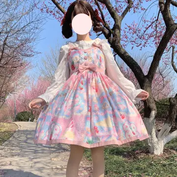 Japanese women kawaii Lolita strawberry dress cute jsk suspender dress  spring