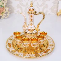 PEANDIM Luxury Metal Coffee Set Wine Set European Tea Set Retro Ho Home Room Table Decoration 1 set= 1 plate+ 1 pot +6 cup