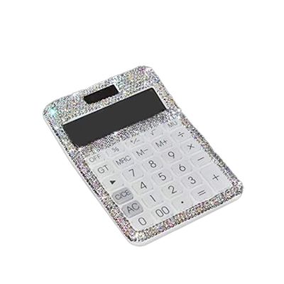 Calculator High Quality Calculator Rhinestone Crystal Dazzling 12 Digit Solar and Battery Dual Power LCD Display for Office, School White