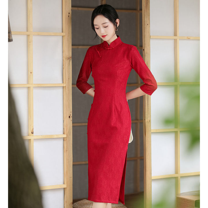 luo-shibo-แต่งงาน-cheongsam-สีแดงแขนยาวลูกไม้เจ้าสาวแต่งงานขนมปังชุดย้อนยุคสาธารณรัฐจีนสไตล์กลับประตูชุดราตรี