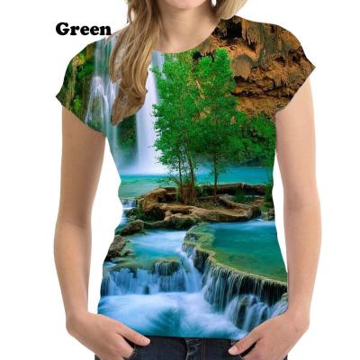 เสื้อสวมหัวลำลองป่าภูเขาแฟชั่นของผู้หญิงฤดูร้อนแขนสั้นภาพวาดศิลปะพิมพ์คอกลมเสื้อ &amp; เสื้อยืด