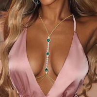 Sexy Green Crystal Chest Chain Harness Stainless Steel Belly Waist Chain Body Jewelry Necklace for Women Clothing Accessories