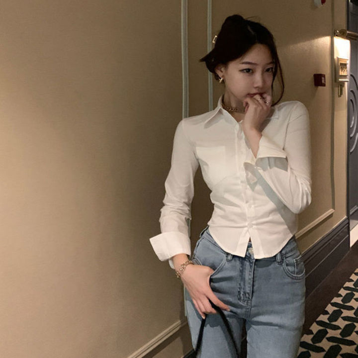2023เสื้อผู้หญิงพับ-slim-fit-crop-tops-ทุกวันออกแบบสีขาวสไตล์เกาหลีแฟชั่น-casual-streetwear-all-match-แขนยาว