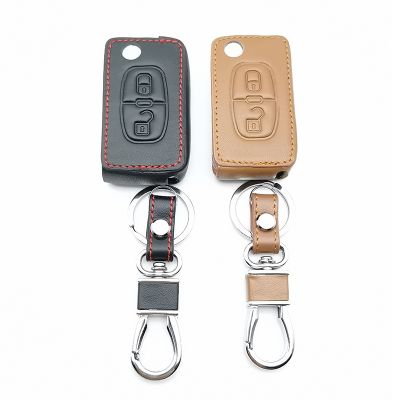 ♂℡ 2 Buttons leather Car Key Case For Peugeot 207 307 308 407 408 For Citroen C3 C4 C4L C5 C6 Cover Protector car keys accessories