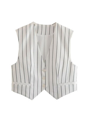 YENKYE 2023ผู้หญิงปุ่มด้านหน้าลาย Cropped Waistcoat Vintage V คอแขนกุดหญิงฤดูร้อน Chic เสื้อกั๊ก Tops