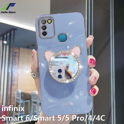 JieFie เคสน่ารักสำหรับ Infinix Smart 6 /Smart 5 /Smart 5 Pro/smart 4 /Smart 4C กระจกแต่งหน้าเคสโทรศัพท์ Chrome Glossy Soft TPU Square ฝาครอบโทรศัพท์พร้อมขาตั้งโทรศัพท์