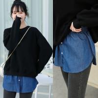 ผู้หญิง Denim False Hem Layering Fake Top Lower Sweep Skirt Half Shirt Extenders J78E