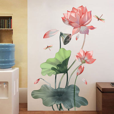 💖【Lowest price】MH สติกเกอร์ติดผนังรูปดอกบัวแมลงปอสำหรับตกแต่งห้องนอนพื้นหลังผนังห้องนั่งเล่น
