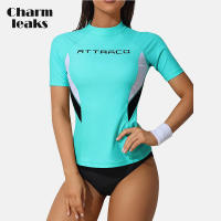 Charmleaks ผู้หญิง Rash Guard Crew คอสีบล็อก Elastic Surfing เสื้อ UPF 50แขนสั้นนุ่มชุดว่ายน้ำ Hike Top