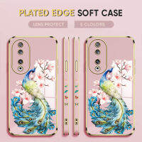 Diorcase For Honor 90 5G,90 Lite 5G ฟรีสายคล้อง + เคสลายขอบสี่เหลี่ยมนกยูงการ์ตูนชุบเคสโทรศัพท์หรูหราชุบเคสโทรศัพท์นิ่ม