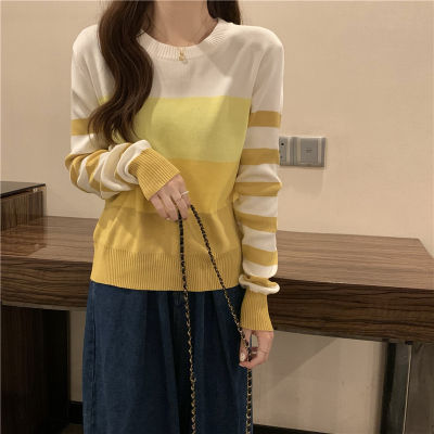 Ezgaga Casual Women Striped Sweater O-Neck Loose Long Sleeve Preppy Fashion Students Pullover Simple Casual All-Match Knitwear