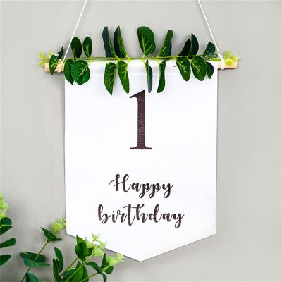 ☞ Spring Natural Style 1-9th Birthday Banners With Green Leaves Happy Birthday Party Decorations Digital Hanging Flag Baby Shower