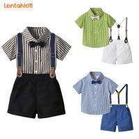 Lontakids ชุดชุดสุภาพบุรุษลายทางเด็กหัดเดิน4ชิ้น,ชุดเสื้อโบว์หูกระต่ายแขนสั้นมีสายดึงกางเกงเสื้อผ้าสำหรับงานปาร์ตี้งานแต่งงานวันเกิด