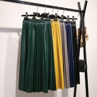 PU Leather Pleated Skirt Women Autumn Elegant Solid Elastic High Waist All-match Midi Skirts Office Lady Chic Streetwear Skirt