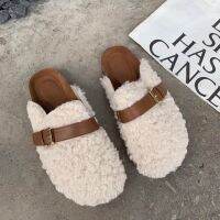 Curly Wool Fur Slippers Women Winter Shoes Ladies Fleeces Sandalias Warm Plush Slides Belt Buckle Fluffy Mules Female Pantuflas