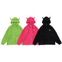 Aolamegs Hoodies Men Twist Knitting Demon Horns Solid Color Zipper Coats Soft Cozy Hipster Tops Hip Hop Loose Casual Streetwear