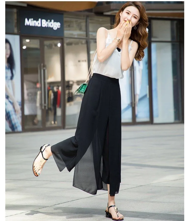 2023 Spring and Summer New Patchwork Drape Fake Two-piece Chiffon Pants for  Women Loose Casual Casual Wear Korean Women's Wide Leg Pants