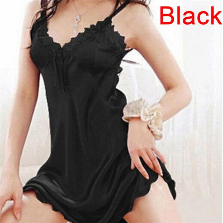 pinellia-ชุดนอน-baju-tidur-seksi-สำหรับผู้หญิง-ผ้าไหมซาตินเบบี้ดอลล์เสื้อคลุมลูกไม้นอนกระโปรงชุดเดรสสีดำ