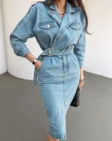 Autumn Elegant Full Sleeve Split Women Denim Party Dress Notched Collar Slim Waist Belted Female Bodycon Pencil Dress Vestidos