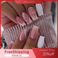 MAYLATI 24pcs การทำเล็บ ฝาครอบเต็มรูปแบบ ดีไอวาย ขอบสีเขียว คาเมลเลีย ยาวฝรั่งเศส นักเต้นบัลเลต์ เล็บปลอมปลอม