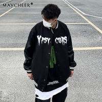 MAYCHEER   เสื้อโค๊ตคู่รักปักลายชุดยูนิฟอร์มเบสบอลฮิปฮอป PU สไตล์อเมริกันแจ็กเก็ตหนังอเมริกัน