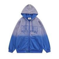 [COD] street gradient letters embroidered hooded sweater autumn tide brand retro loose cardigan jacket ins