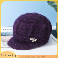 Butterfly หมวกขนสัตว์แฟชั่นสำหรับผู้หญิงหมวกไหมพรมกันลมแบบถักหมวกป้องกันหูสีทึบหมวกให้ความอบอุ่นในฤดูใบไม้ร่วงและฤดูหนาวแบบเรียบง่าย