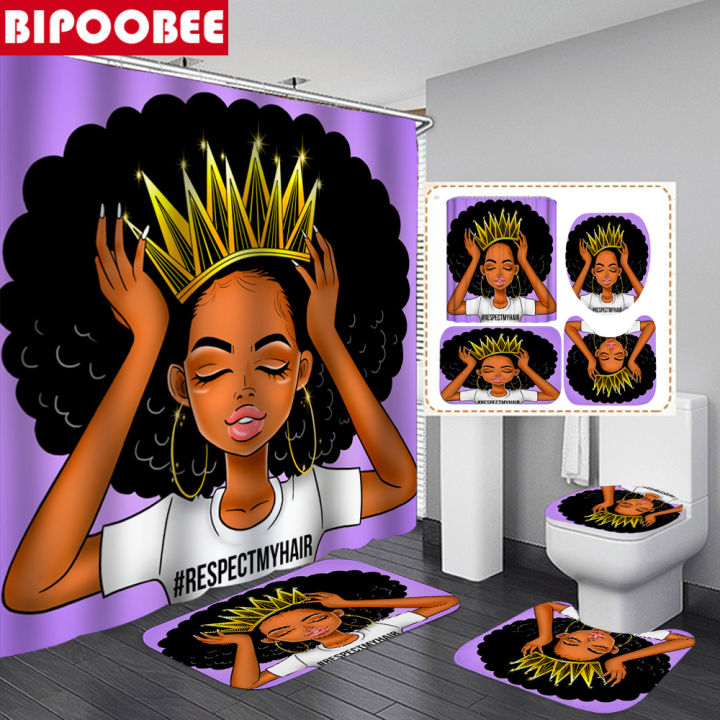 african-american-women-with-crown-shower-curtain-afro-africa-girl-queen-princess-bath-curtains-with-rugs-toilet-seat-cover-set