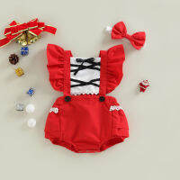 【Beautywoo】คริสต์มาสเด็กทารกบอดี้สูท Fly Sleeve Ruffle Lace ปุ่มฤดูใบไม้ผลิสั้น Jumpsuit + แถบคาดศีรษะ Xmas Suit