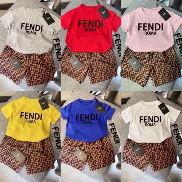 fendi-ใหม่ฤดูร้อนสบายๆสองชิ้นเด็กชายและเด็กหญิงผ้าฝ้ายกางเกงขาสั้นแขนสั้น