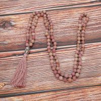 ZZOOI 6mm/8mm Natural Rhodolite Beaded Knotted 108 Mala Necklace Meditation Yoga Prayer Jewelry With Buddha Head Tassel Pendant Rosary