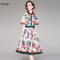 Summer Chain Floral Print Dress Female Wrist Sleeve High Waist Pleated A-Line Office Ladies Vintage Midi Vestidos