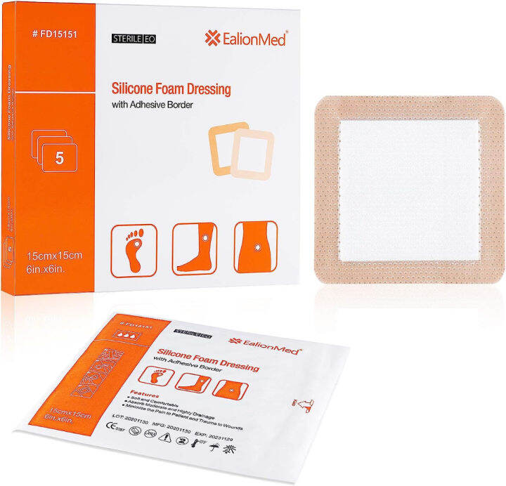 Silicone Foam Dressing with Gentle Adhesive Border 6''x6'' 5 Pack