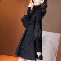 SuperAen 2022 New Autumn Winter Lantern Sleeve Solid Plus Size Loose Slim Turtleneck A-LINE Casual Dresses for Women