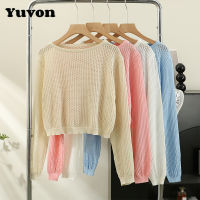 Yuvon เสื้อถักเสื้อแขนยาวสีขาวคอโพรงกลมสำหรับผู้หญิง,เสื้อเสื้อกั๊กสั้นหลวมและอเนกประสงค์2023ฤดูใบไม้ร่วงต้นสไตล์เกาหลีบางๆ