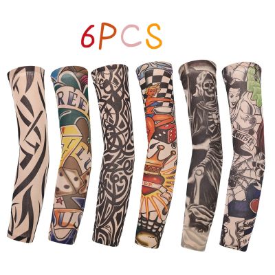 6 PCs Men Women Sunscreen Hand Fake Tattoo Arm Cover Tatto Sleeves Uv Cool Sleeves Cuffs Sport Elastic Stockings Arm Warmers Sleeves