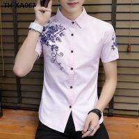 pink short-sleeved product han edition mens printed business casual half sleeve