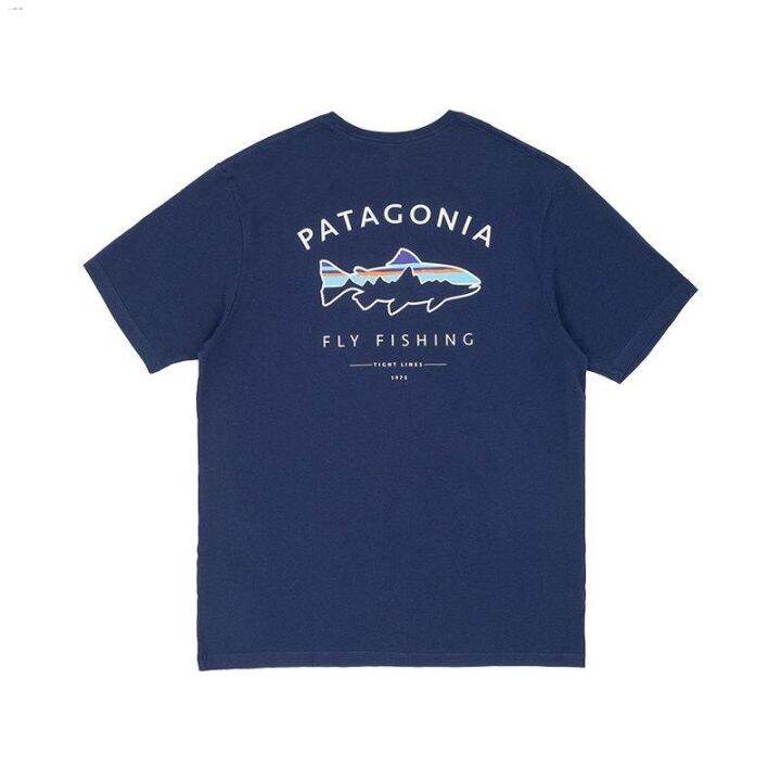 patagonia-patagonia-เสื้อยืดแขนสั้นพิมพ์ลายฉลามปลาฉลามบินกลางแจ้งลำลองสำหรับทั้งหญิงและชายผ้าฝ้าย